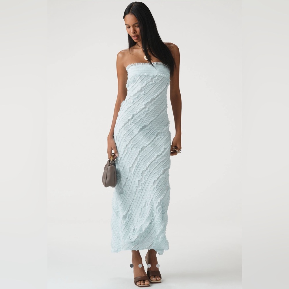 Endless Rose Strapless Textured Column Midi Dress Light Blue